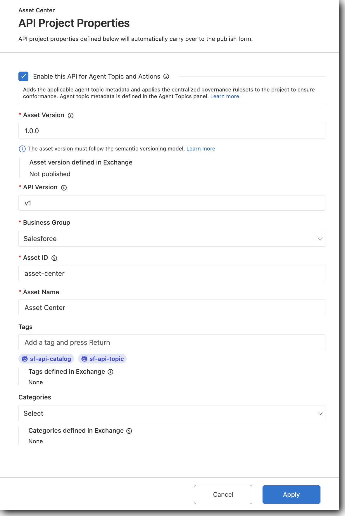 API Project Properties tab with sf-api-catalog and sf-api-topic tags applied