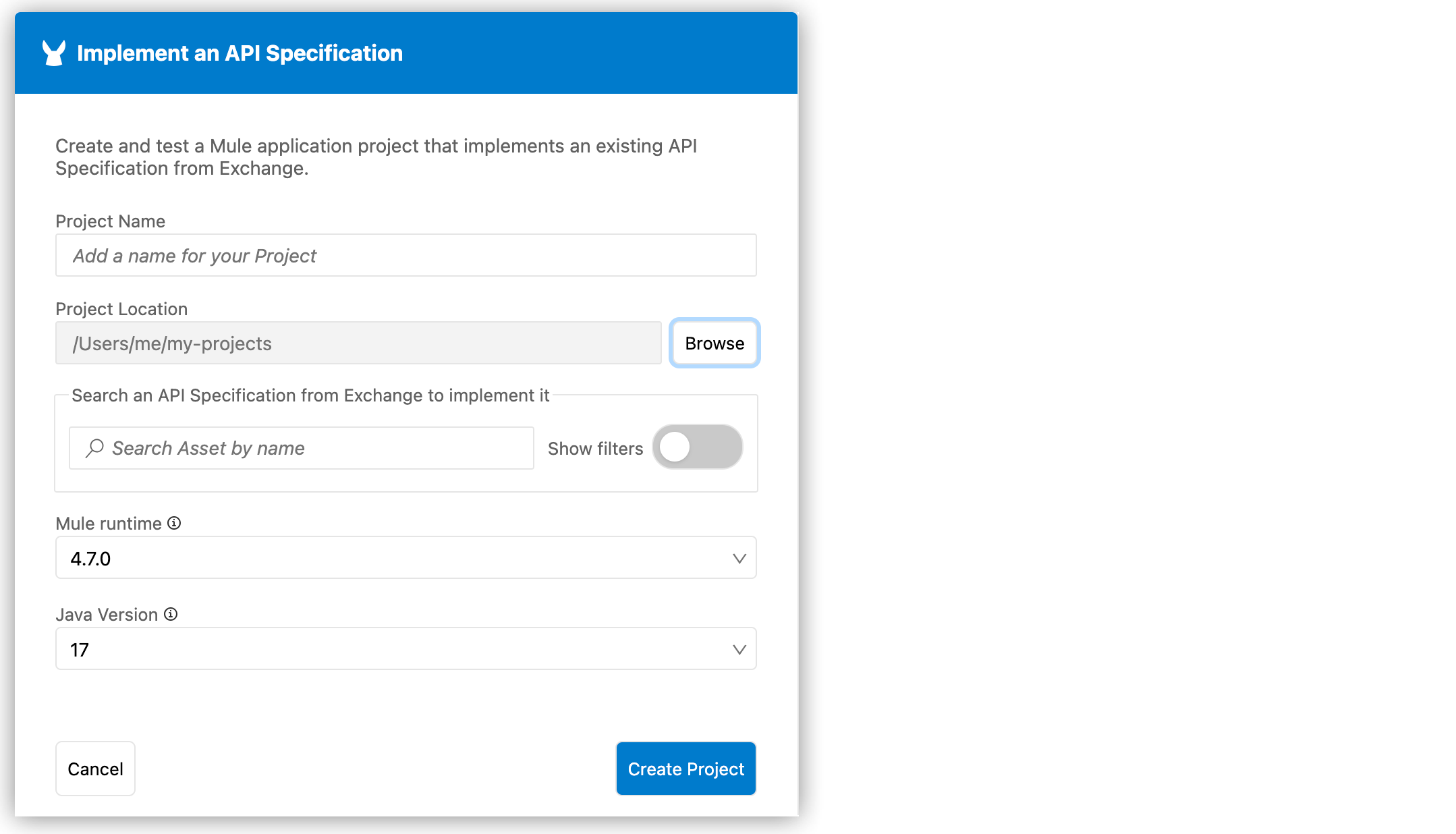 A form for implementing a new API specification