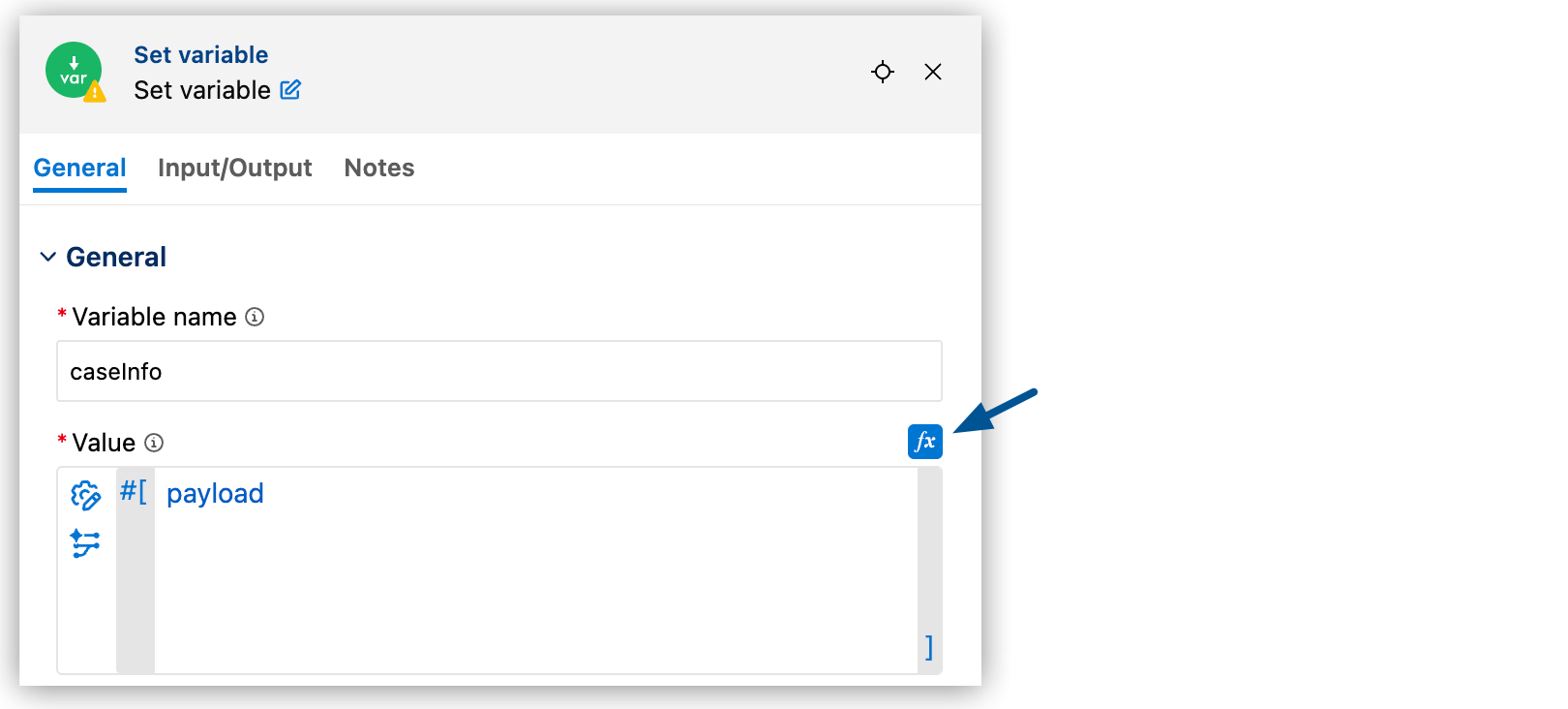 Set Variable component configuration panel with the *fx* button highlighted next to the *Value* field