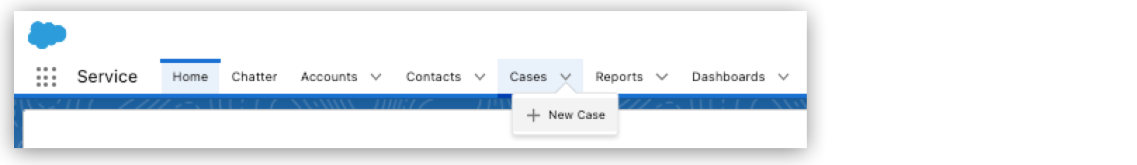 The Service navigation bar with the New Case button highlighted in the Cases section