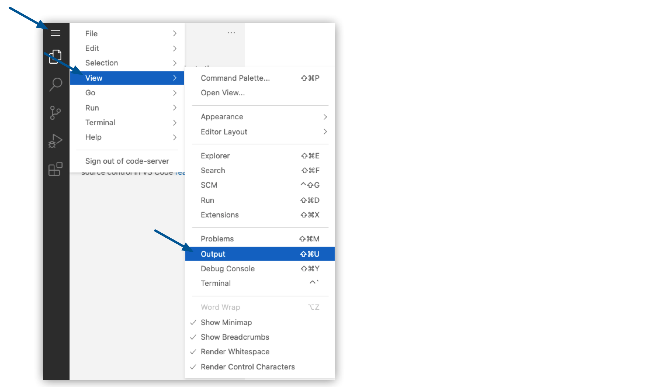 The View and Output options are displayed in a list of menu choices
