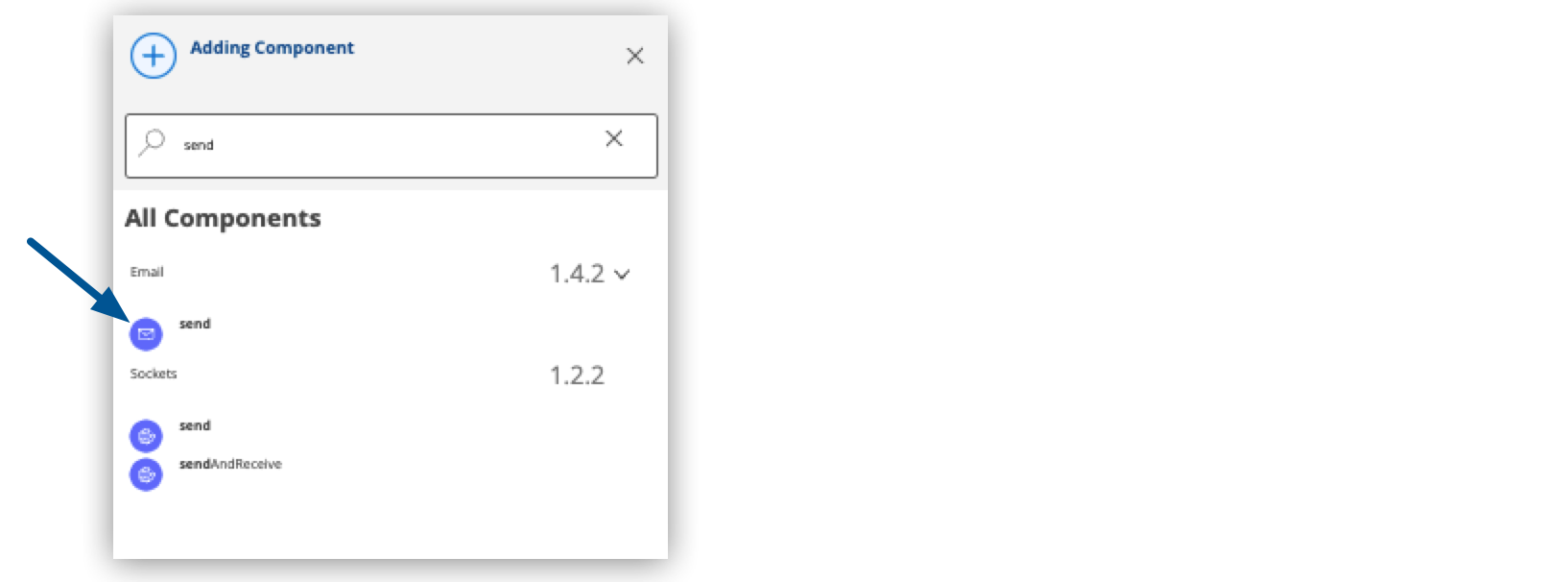 A list of components in the search results section, with Send highlighted
