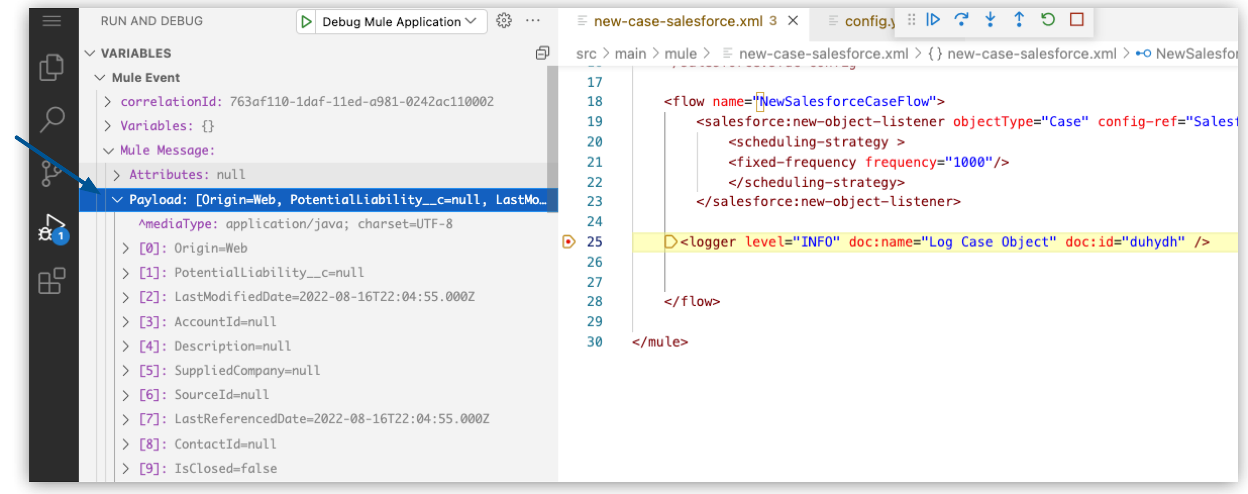 The *Variables* panel with the *Payload* variables highlighted