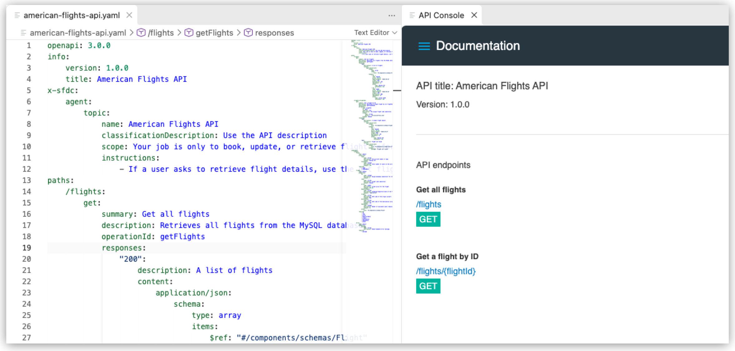 The american-flights-api.yaml file next to the API Console showing the Get all flights and Get a flight by ID endpoints