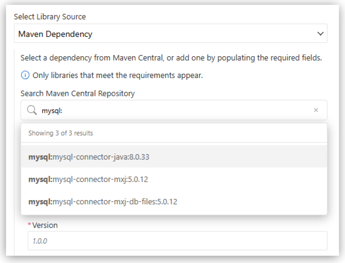 Search Maven Central Repository results showing mysql:mysql-connector-java and other matches
