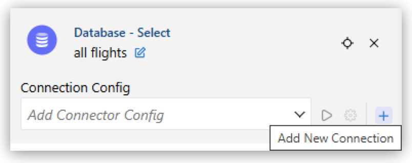 Database - Select properties panel with the Add New Connection link next to Connection Config