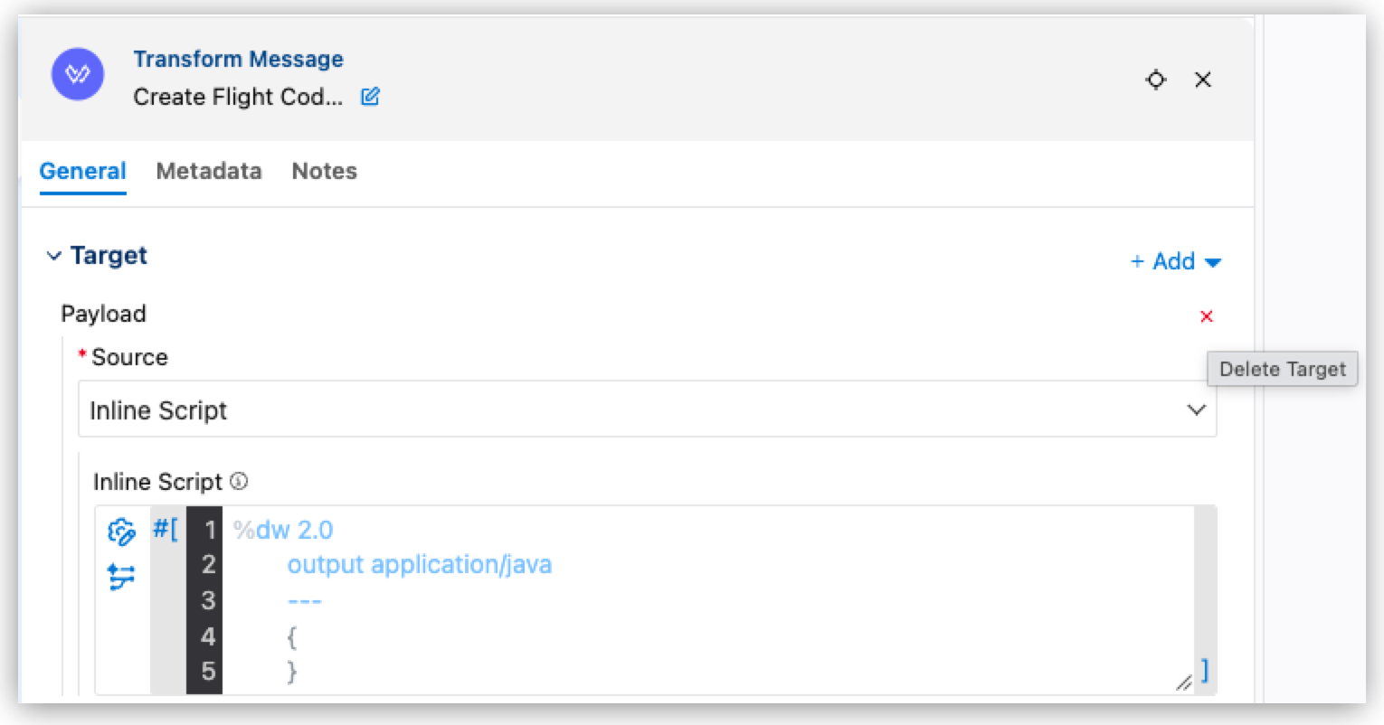 The Transform Message General tab with Delete Target selected next to the Payload target