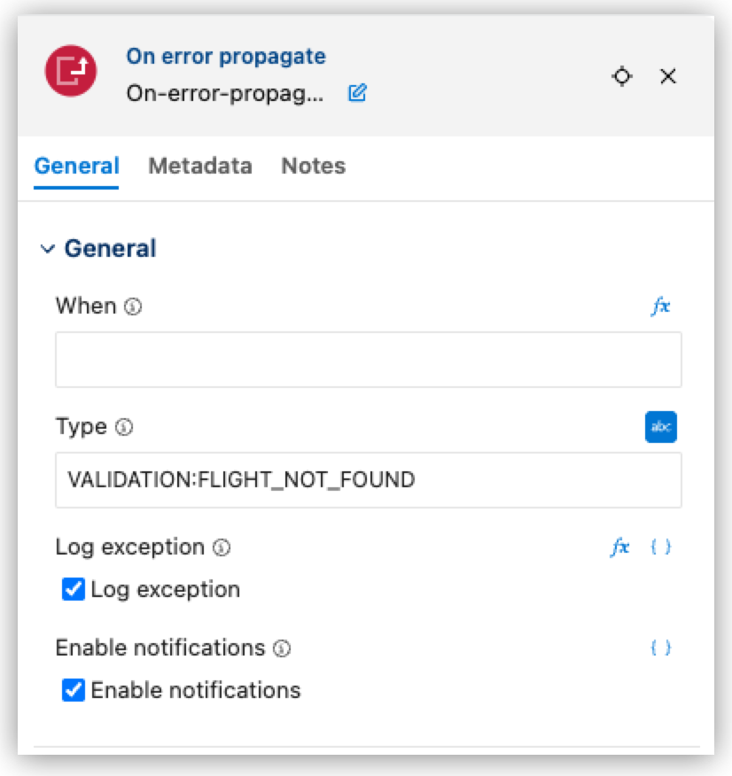 The On Error Propagate properties panel with the Text Mode button next to the Type field