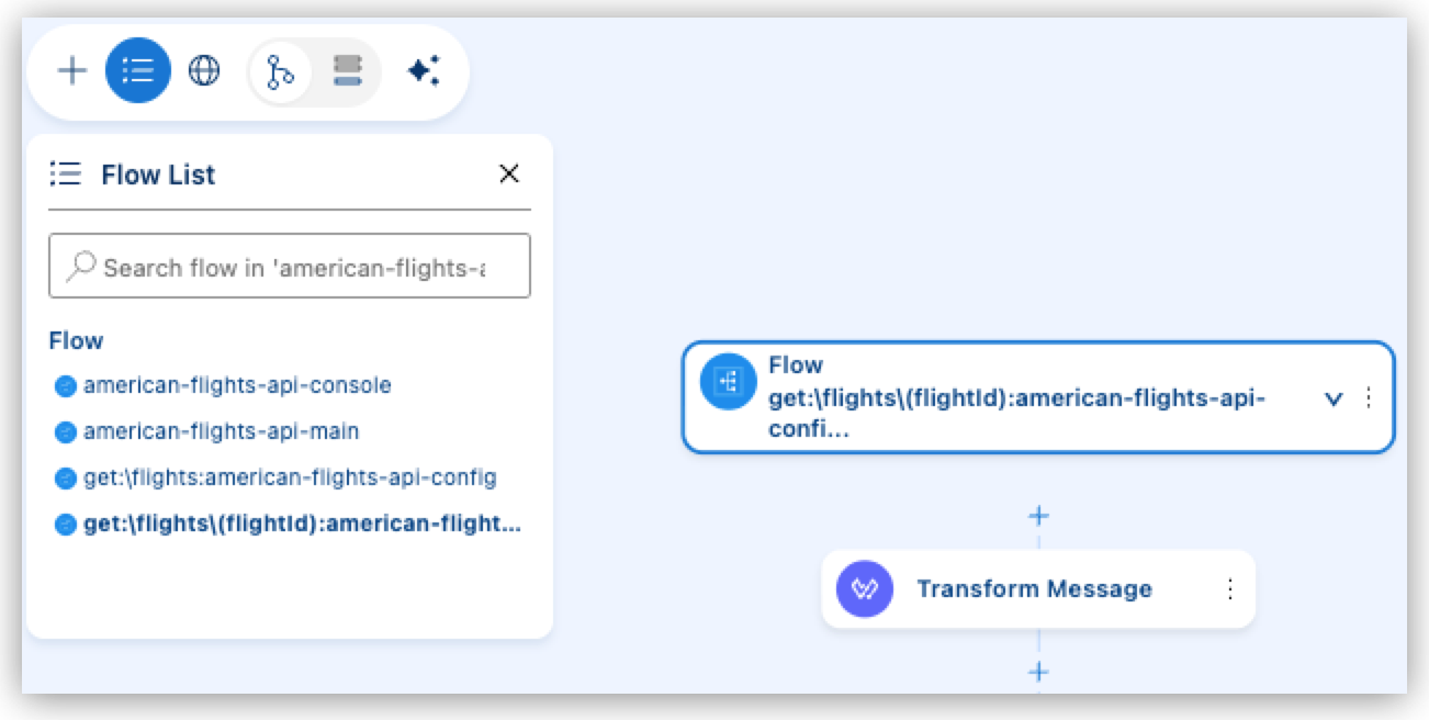 The Flow List with the get:\flights\(flightId):american-flights-api-config flow selected