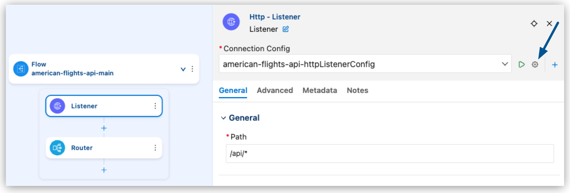 The Listener properties panel with Edit Connection selected next to the Connection Config field