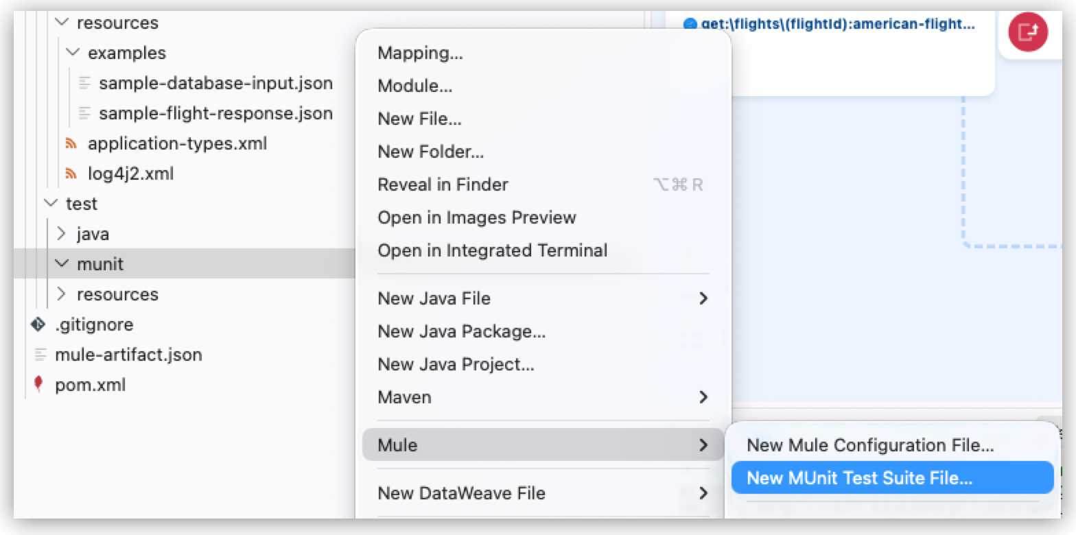 The munit folder context menu with New MUnit Test Suite File selected