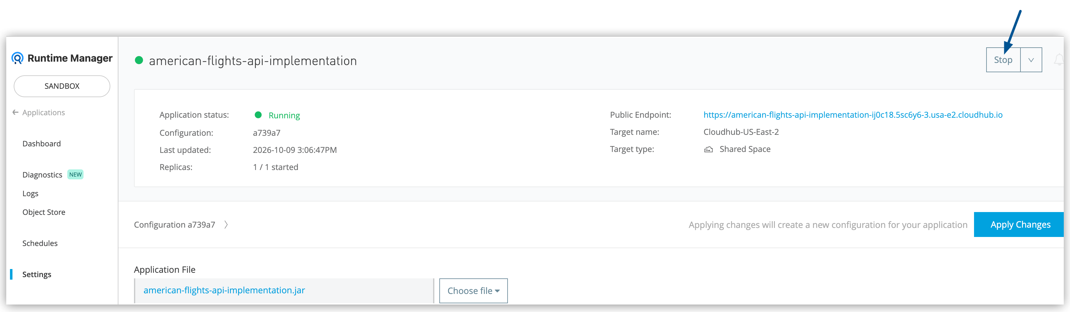 The Runtime Manager UI showing the Stop button in the settings page of a deployed application.