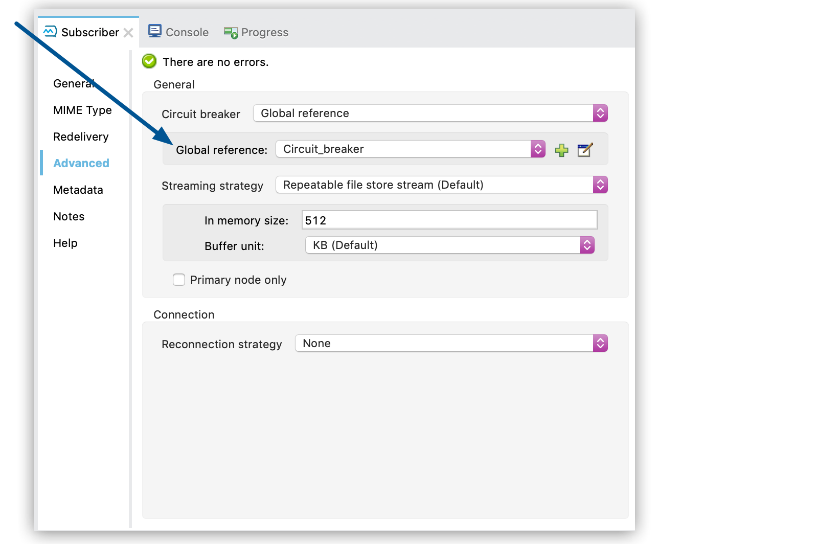 Subscriber configuration window showing Global reference set to Circuit\_breaker