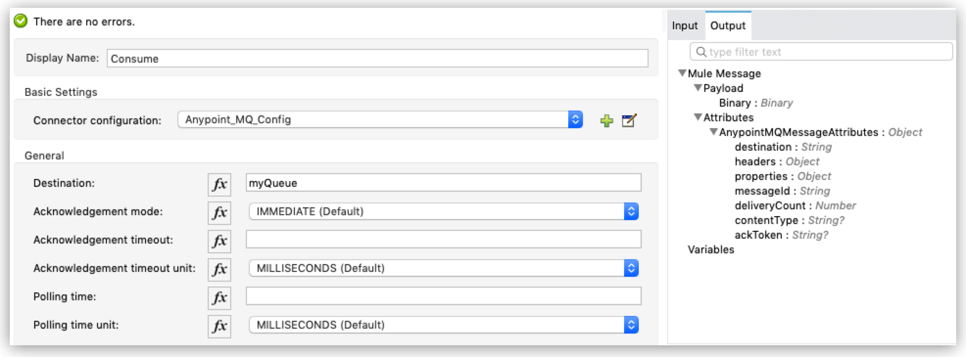 Connector configuration, including destination, acknowledgment mode and timeout, and polling timeout