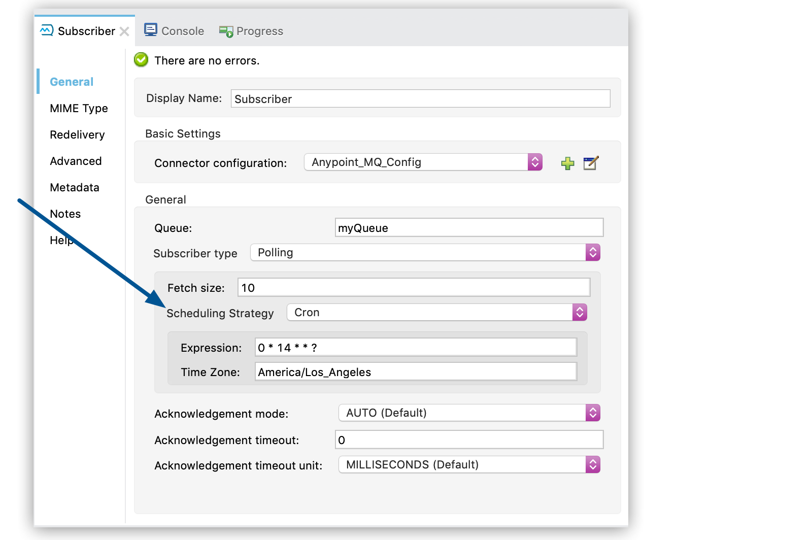 Subscriber configuration window showing Scheduling Strategy set to Cron