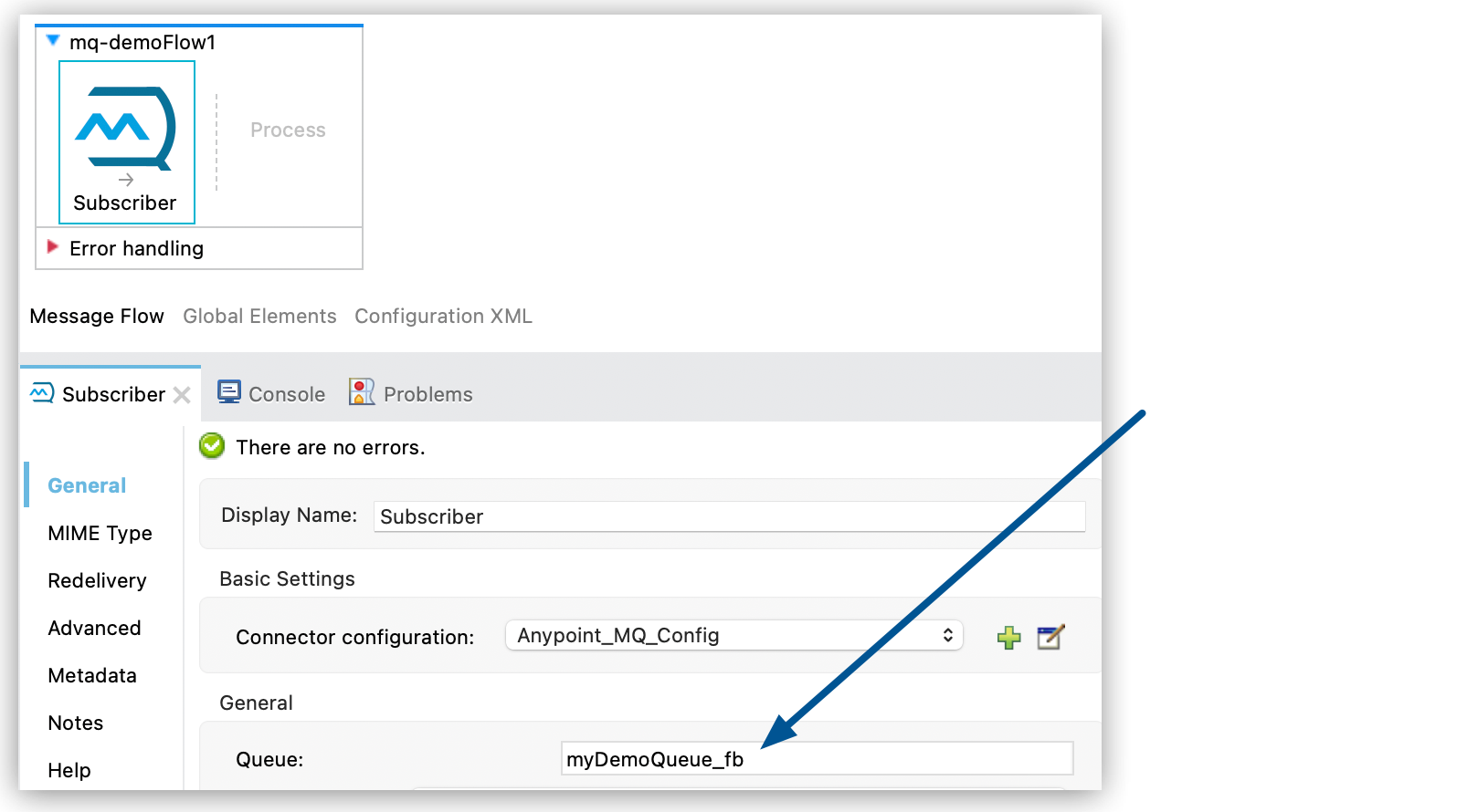Subscriber configuration with the queue name, myDemoQueue\_fb