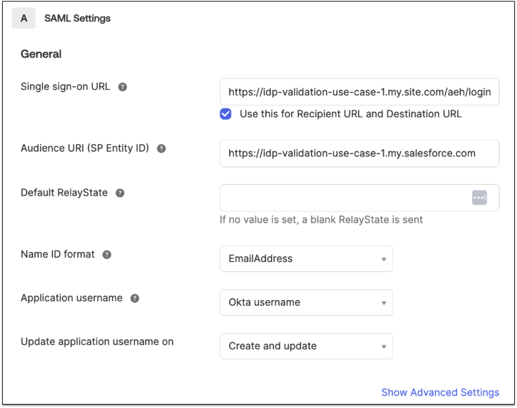 An example of SAML Settings
