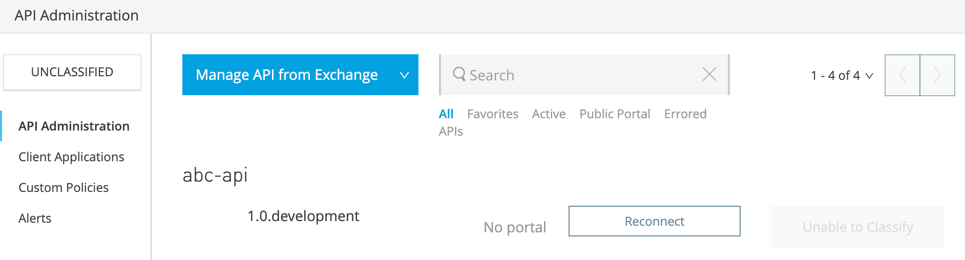 Reconnect option that enables the Classify action for an unclassified API.