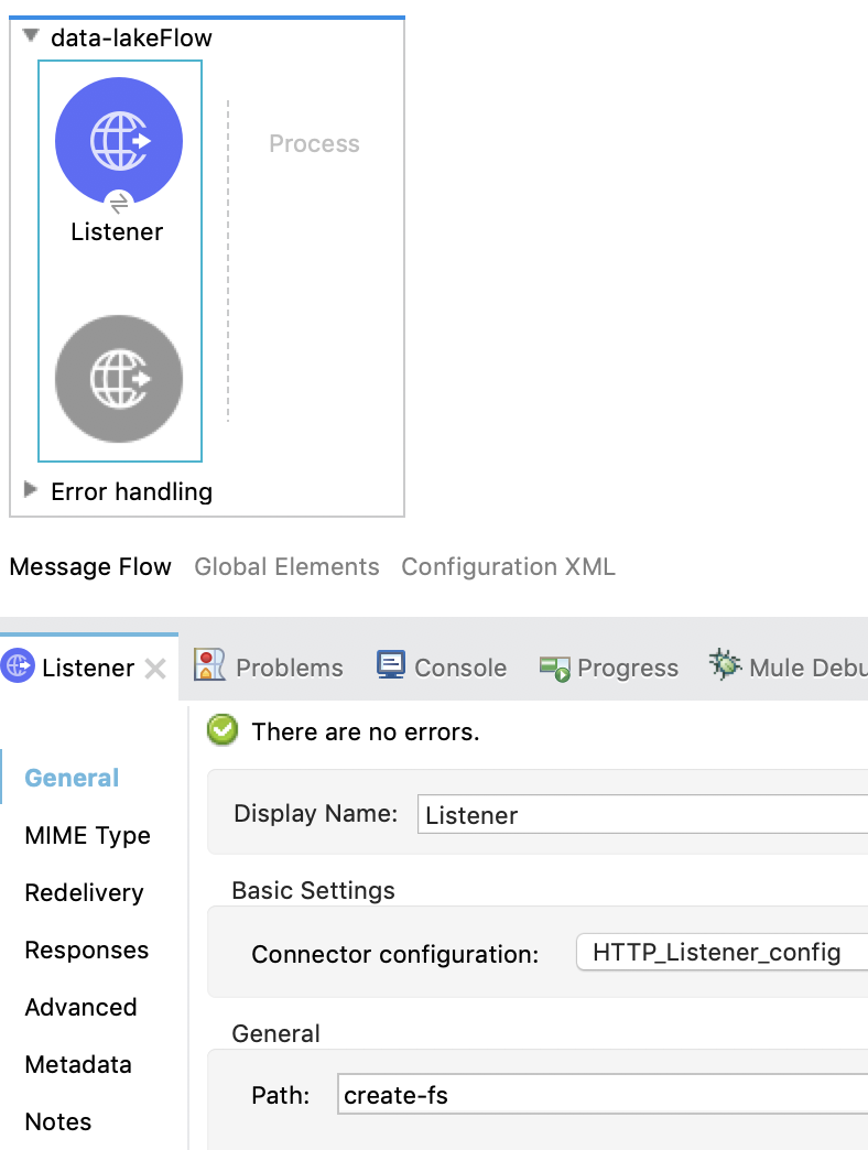 HTTP Listener General properties tab with Path value set to create fs
