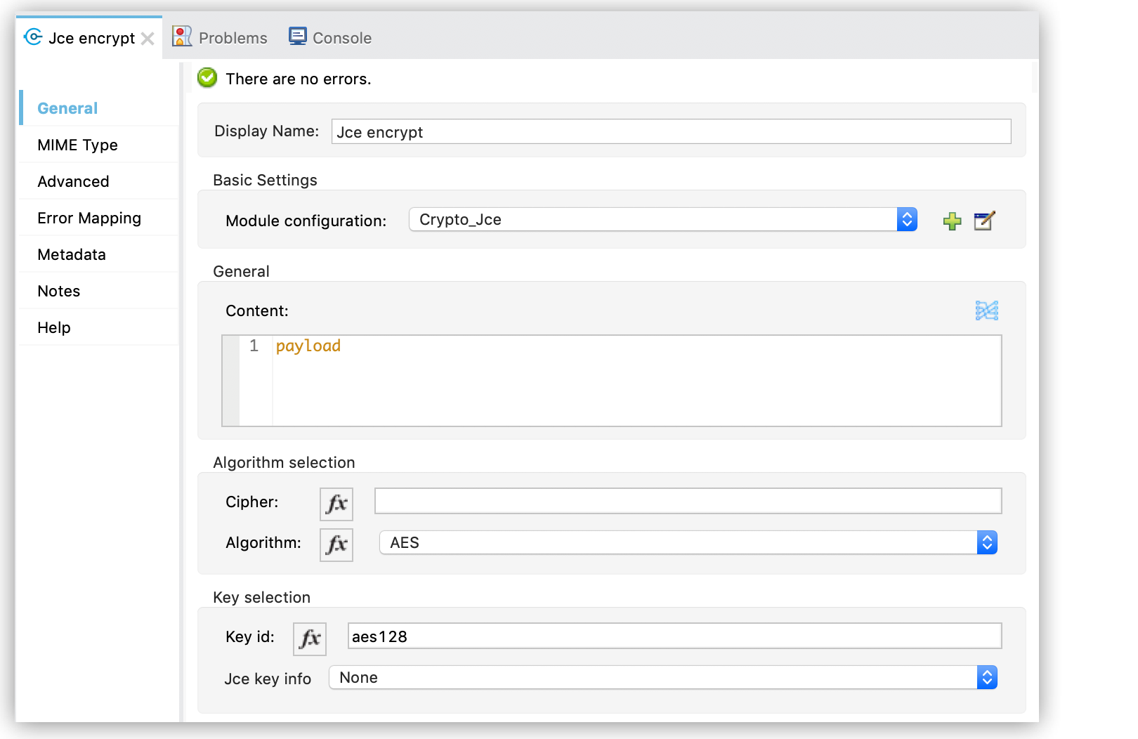 A configuration panel for JCE encryption showing settings for content, algorithm, and key selection