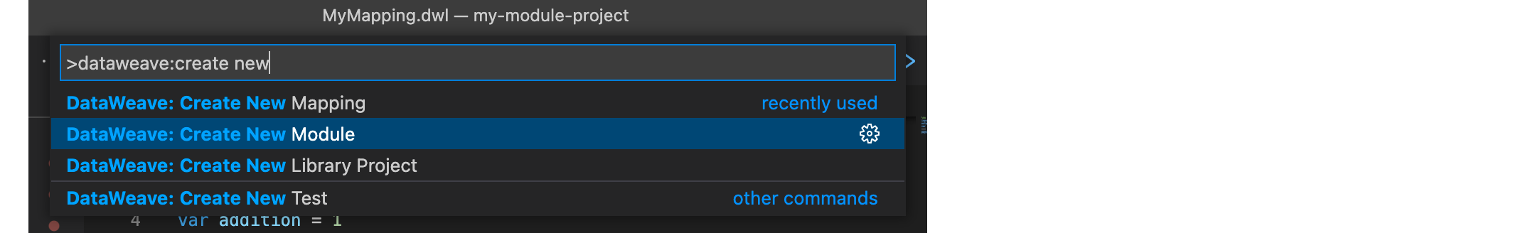 Command Palette with DataWeave: Create new module option selected