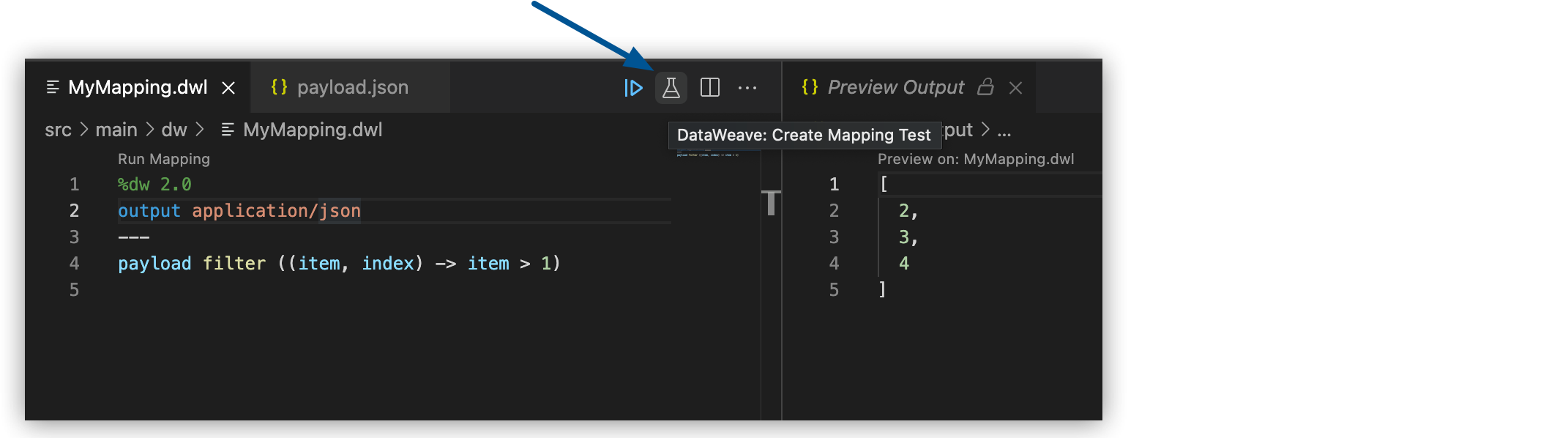 MyMapping.dwl file and the DataWeave Create Mapping Test button
