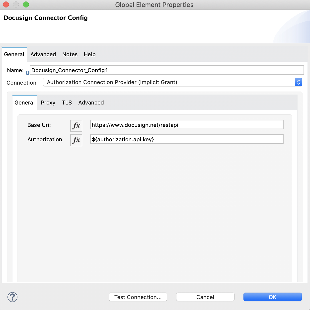 General tab for Authorization Connection Provider Implicit Grant authentication
