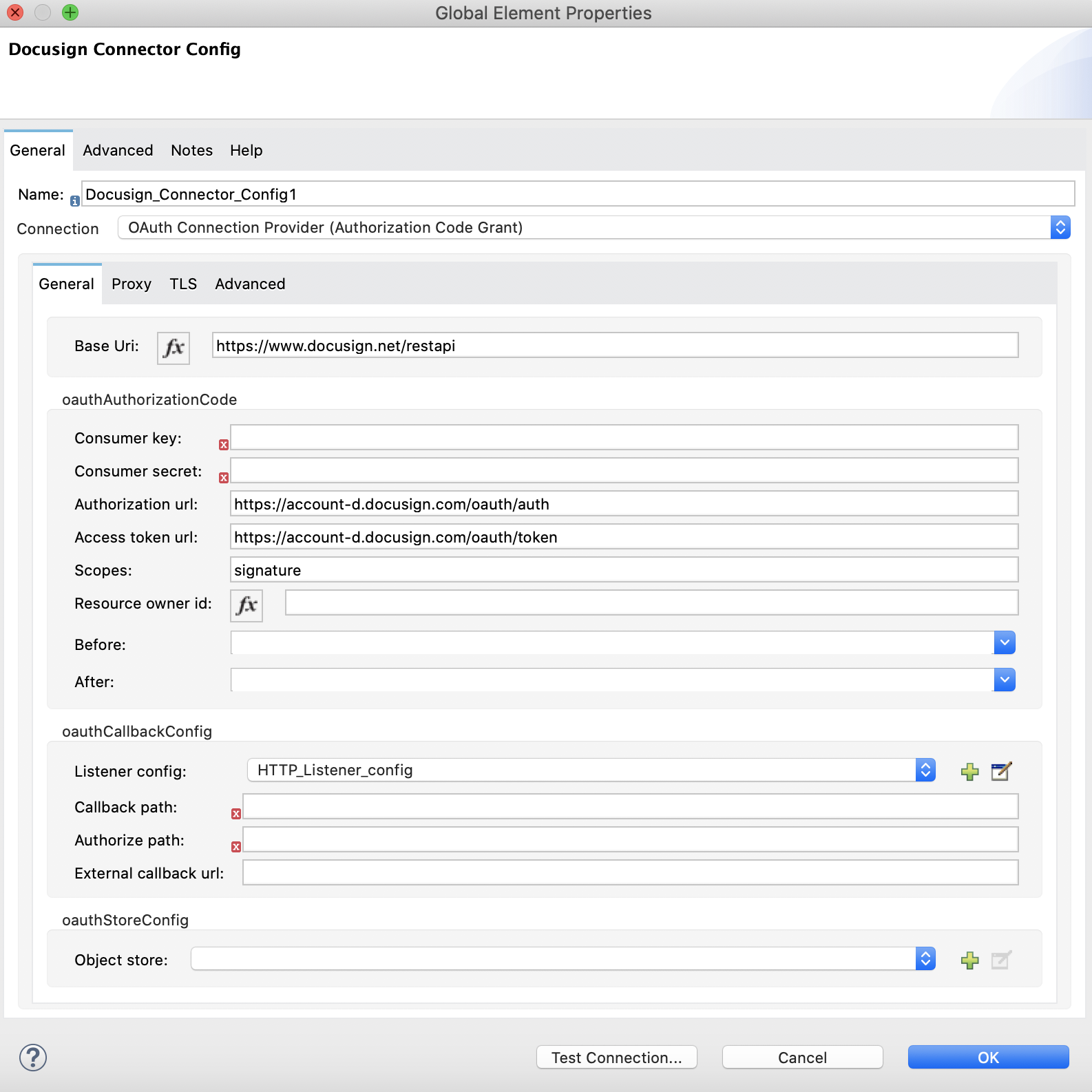 General tab for OAuth Connection Provider Authorization Code Grant authentication