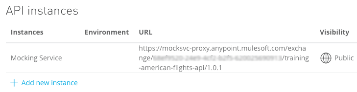 A table of API instances, their corresponding environments, URLs, and visibility