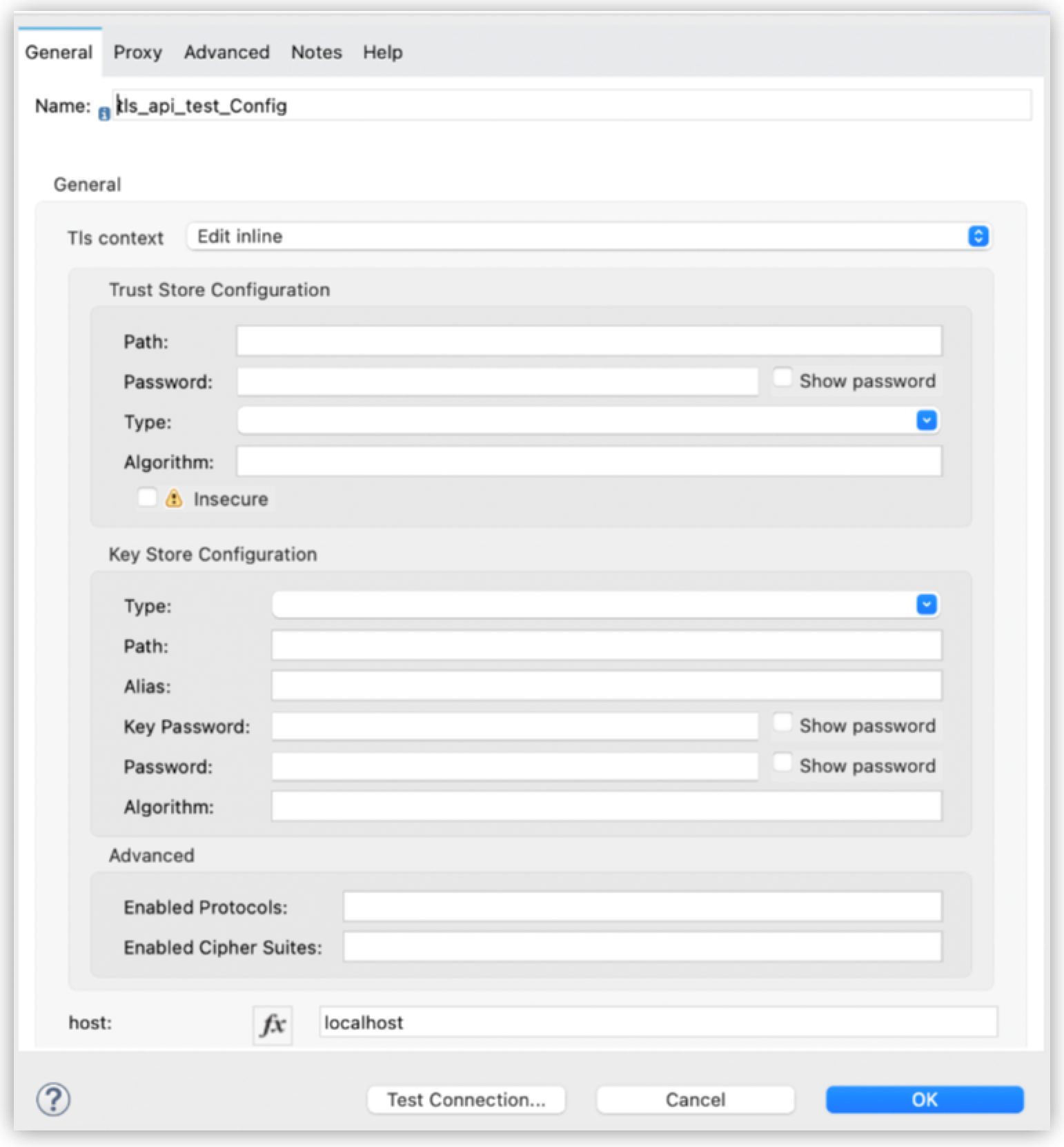 The form for TLS connection configuration information