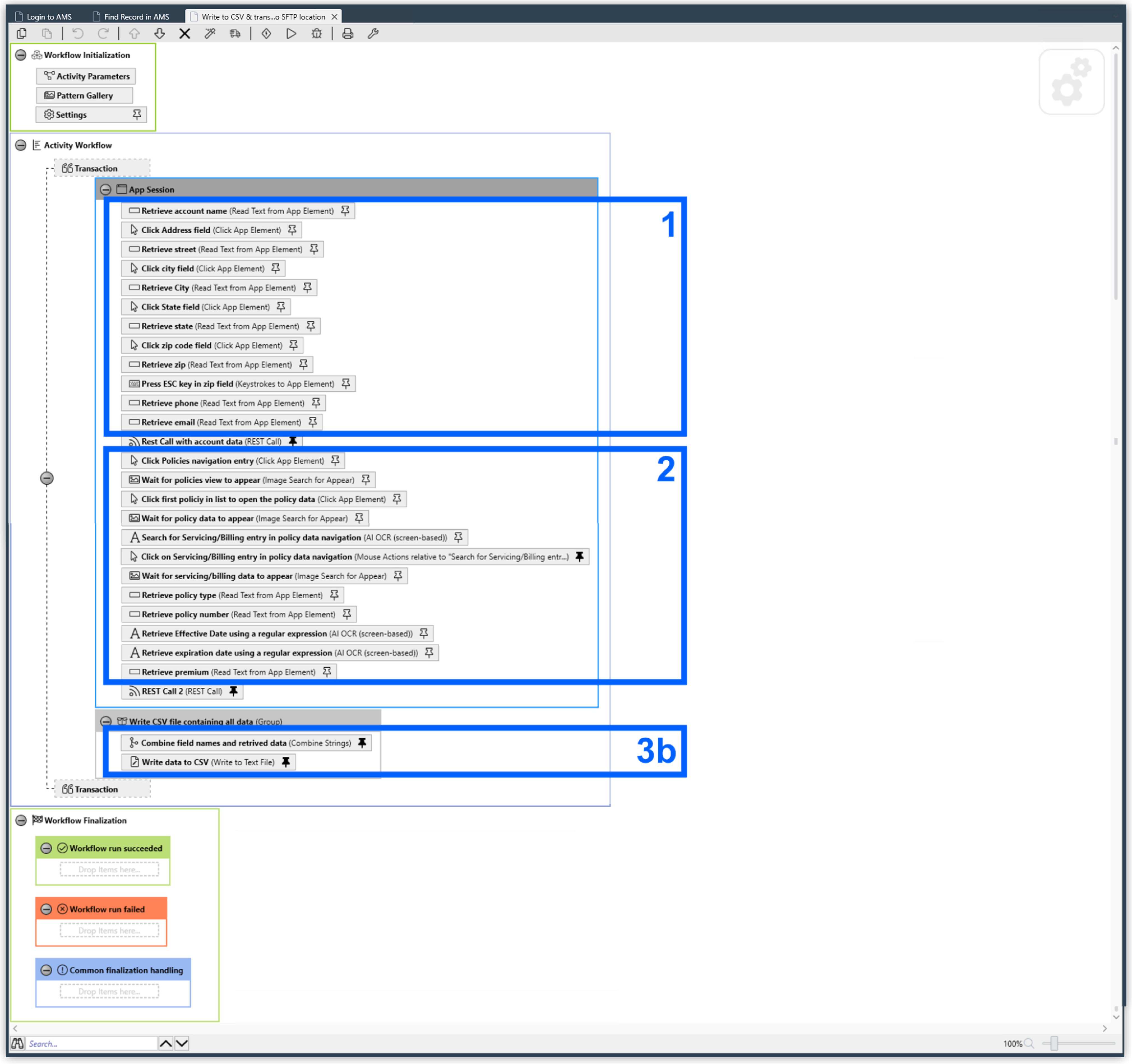 RPA Builder workflow that exports data to a CSV file