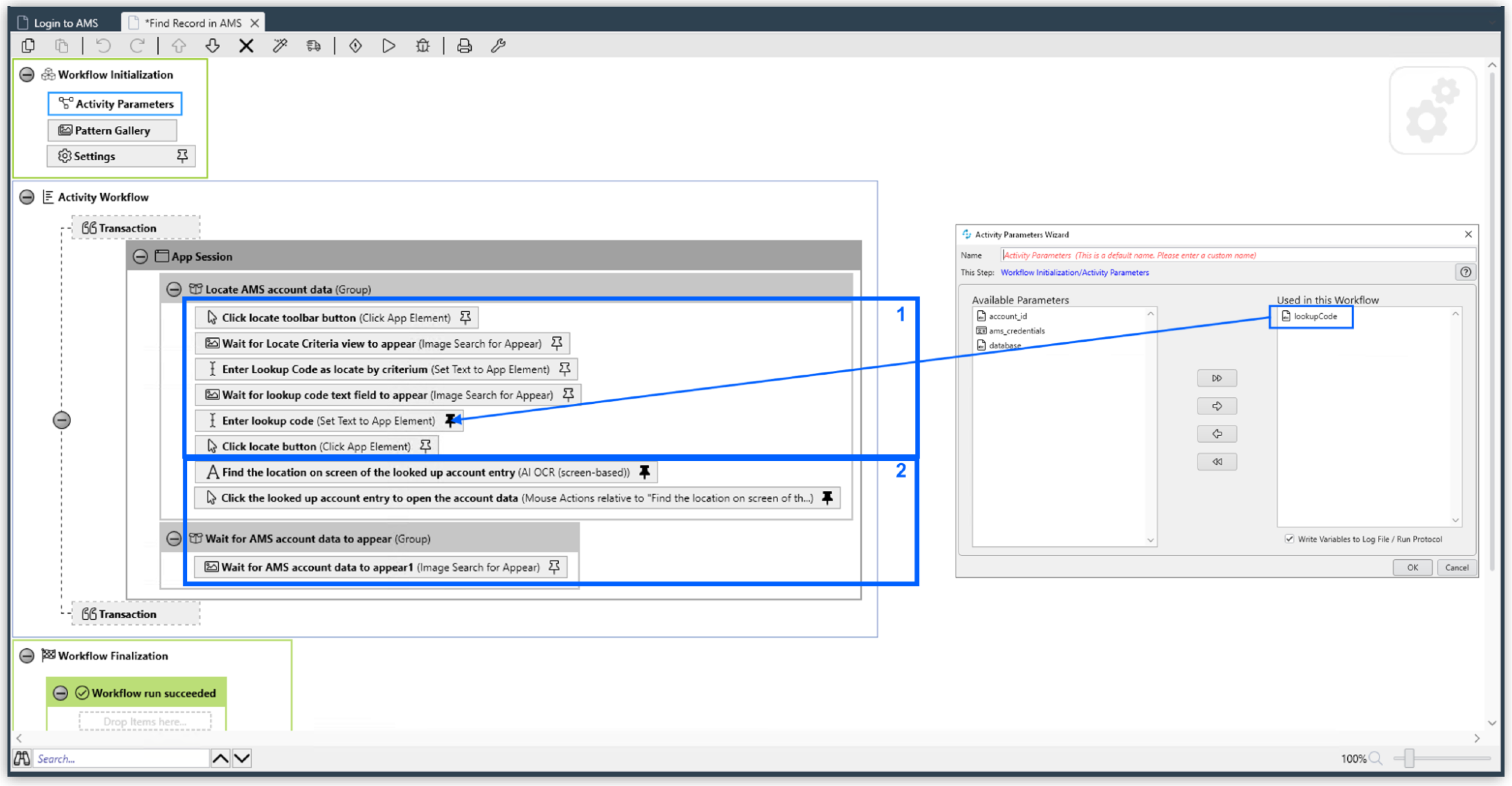 RPA Builder workflow that enters a lookup code