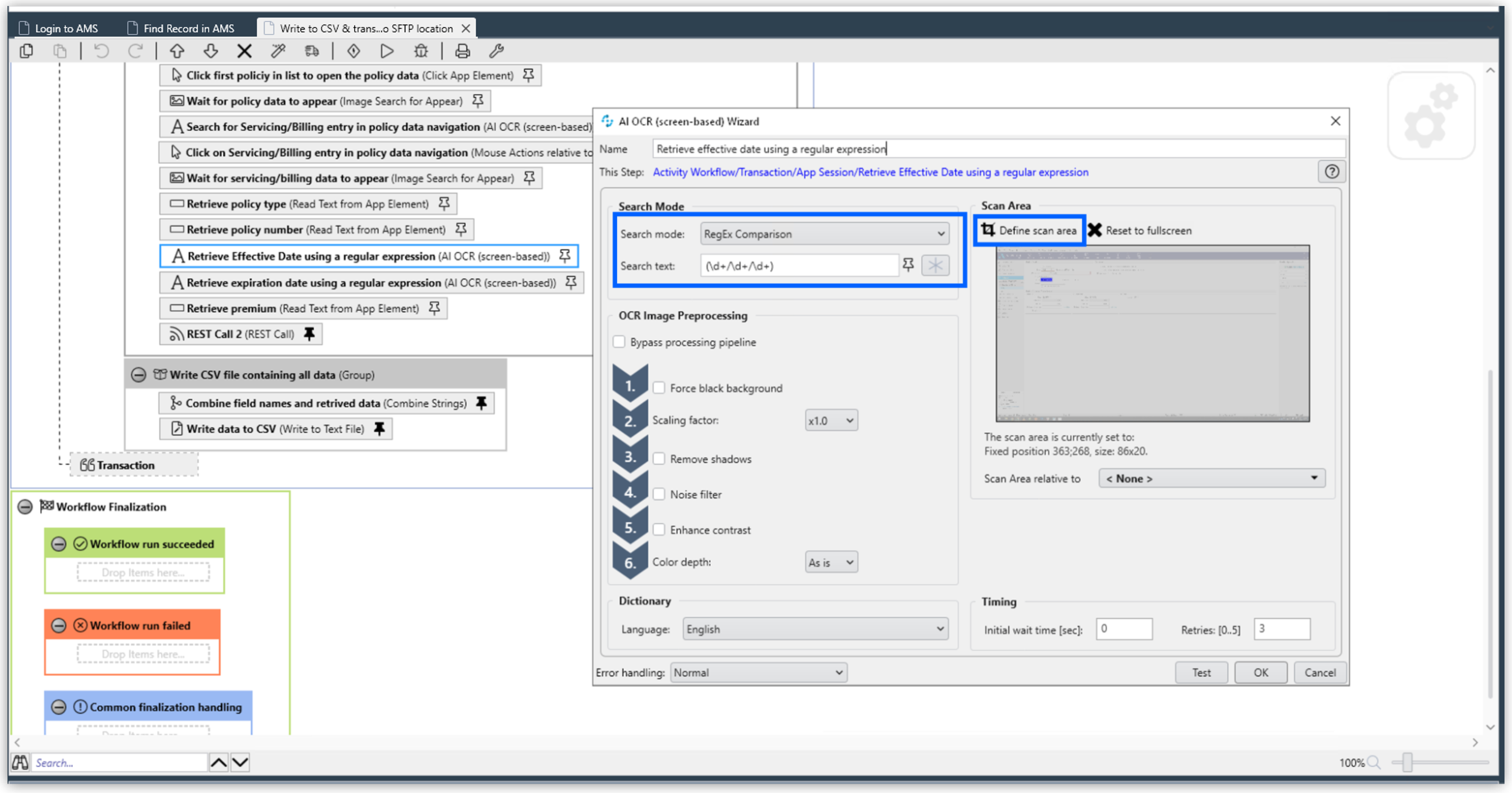 RPA Builder workflow that uses optical character recognition
