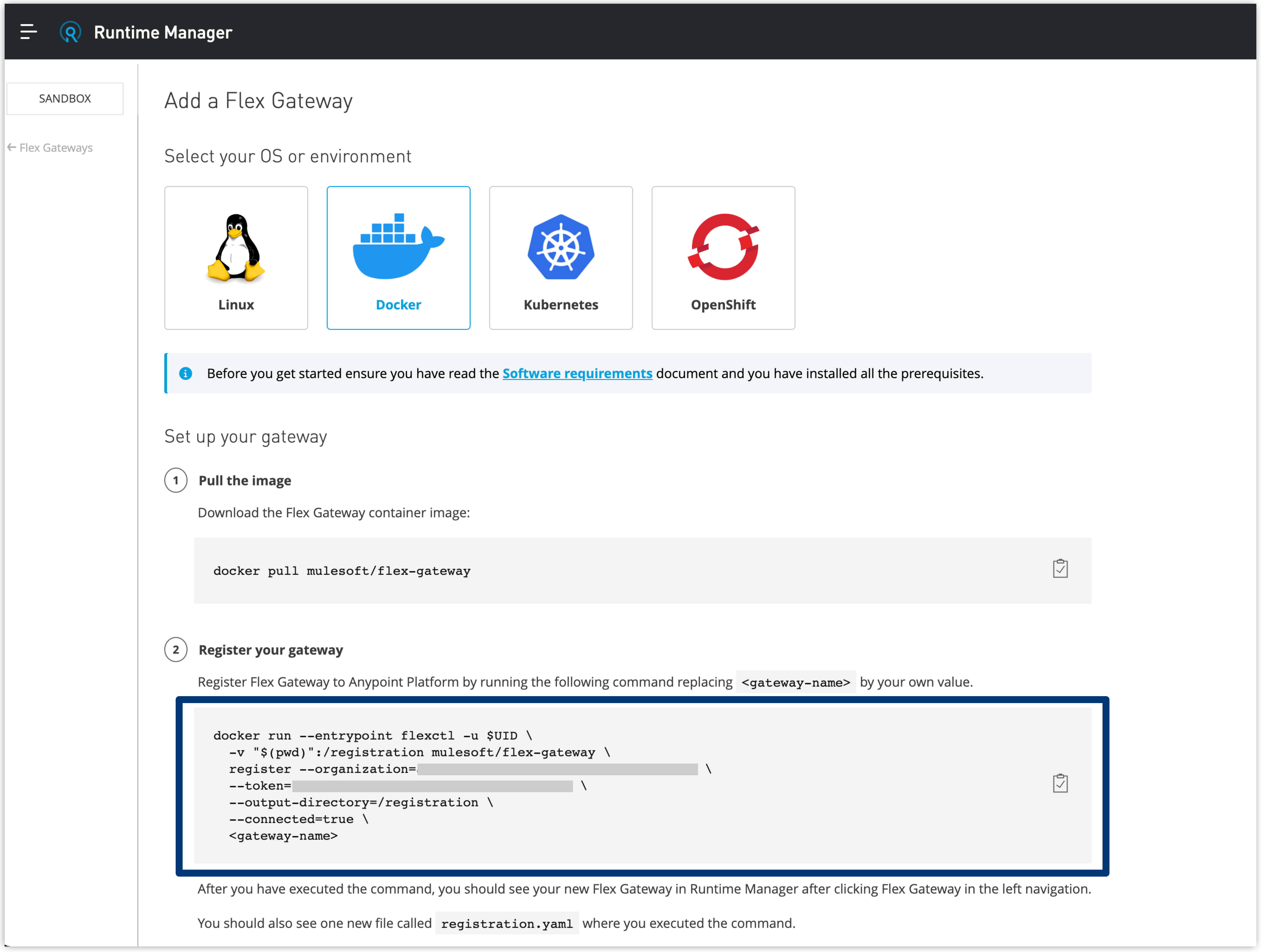 A code block with a command to register a Flex Gateway with Anypoint Platform