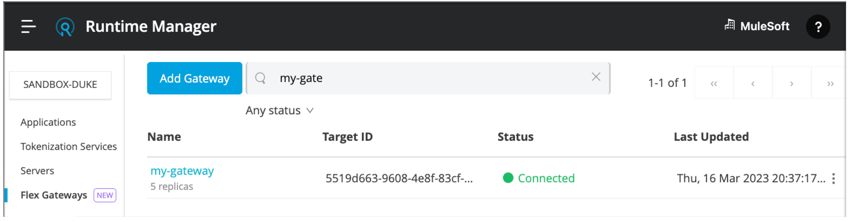A table of Flex Gateway details, such as name, ID, status, and last updated timestamp