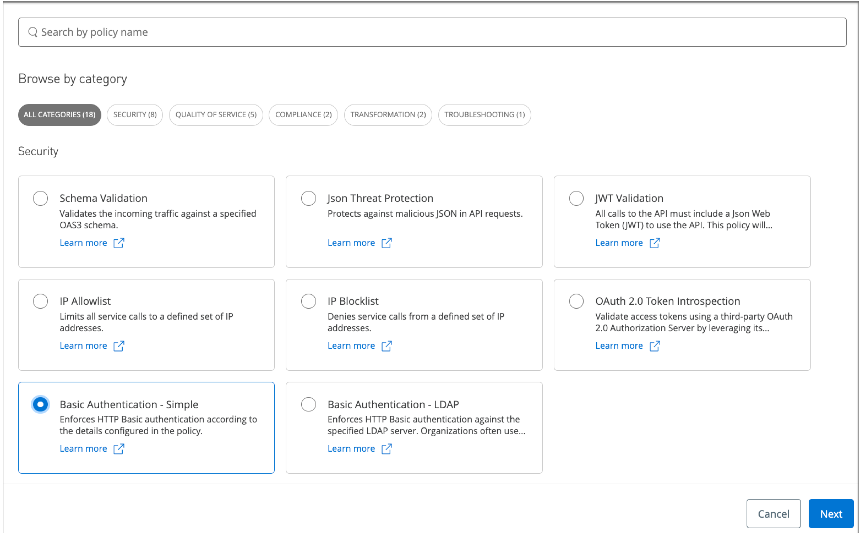 A form that empowers you to choose from a range of security policies
