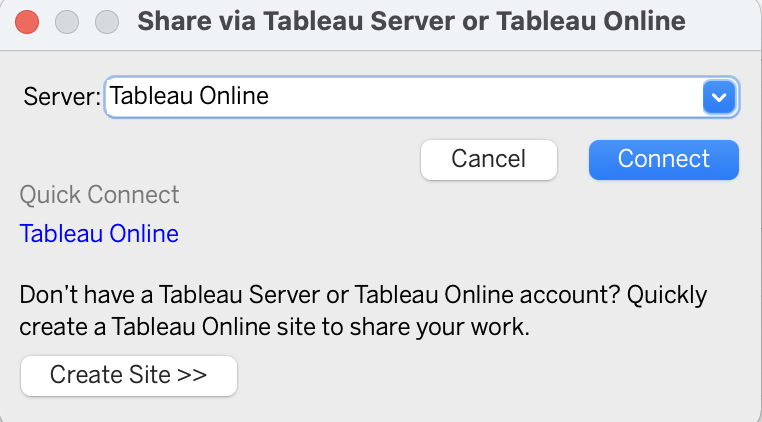 Tableau Online Publish Workbook dialog
