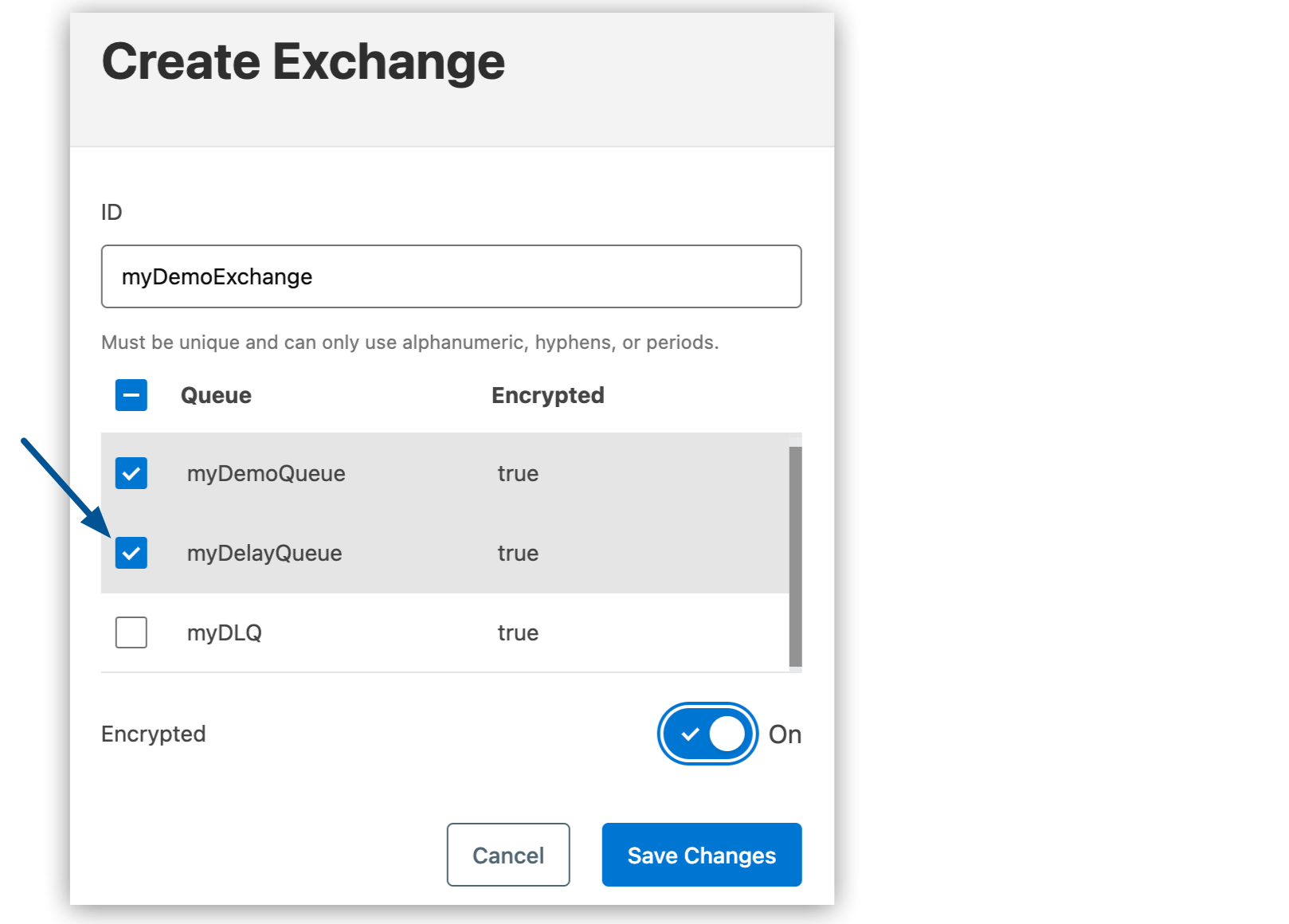 Checkboxes to bind queues to a message exchange in the Create Exchange page