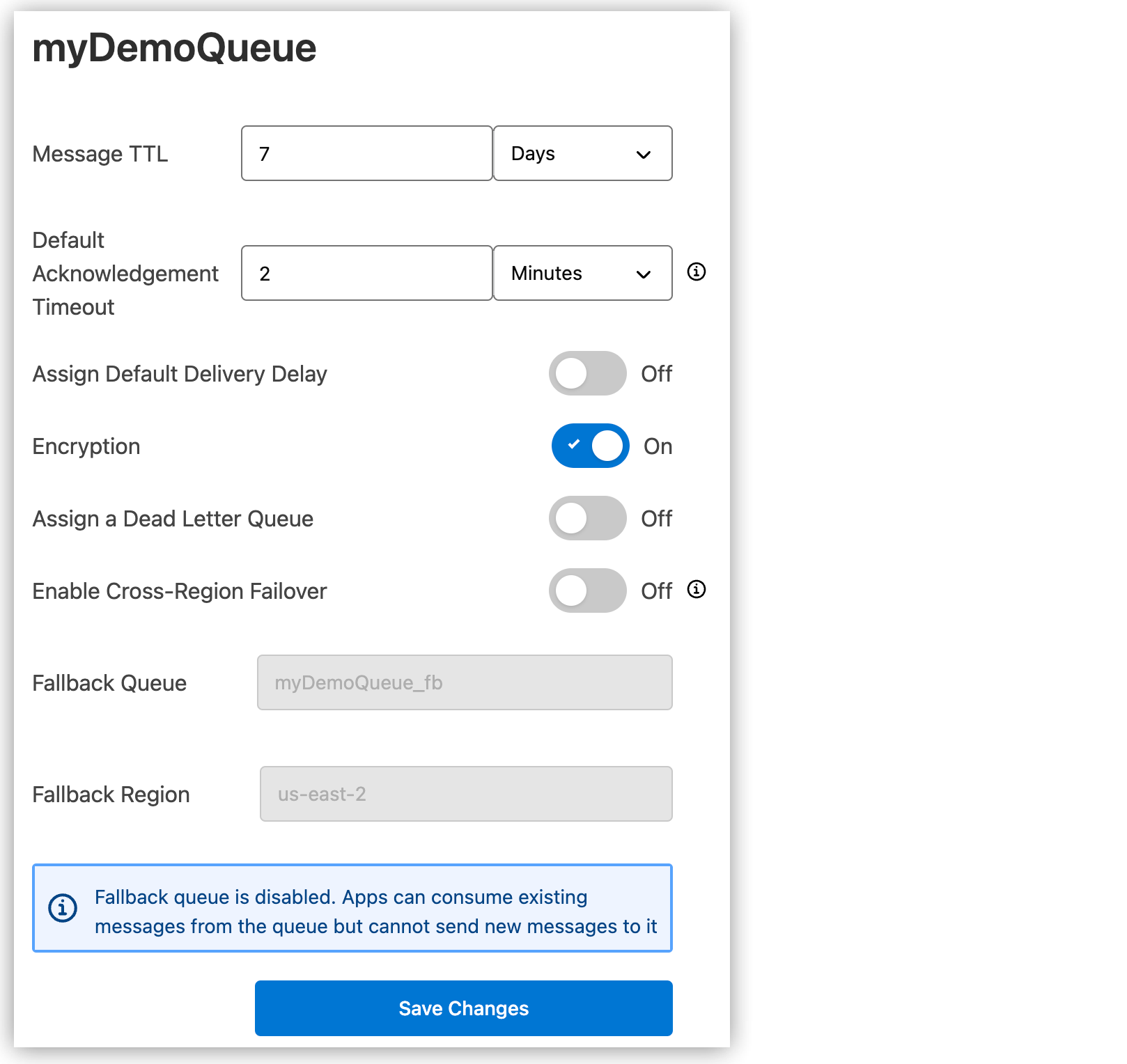 Queue Settings page showing the failover option deselected