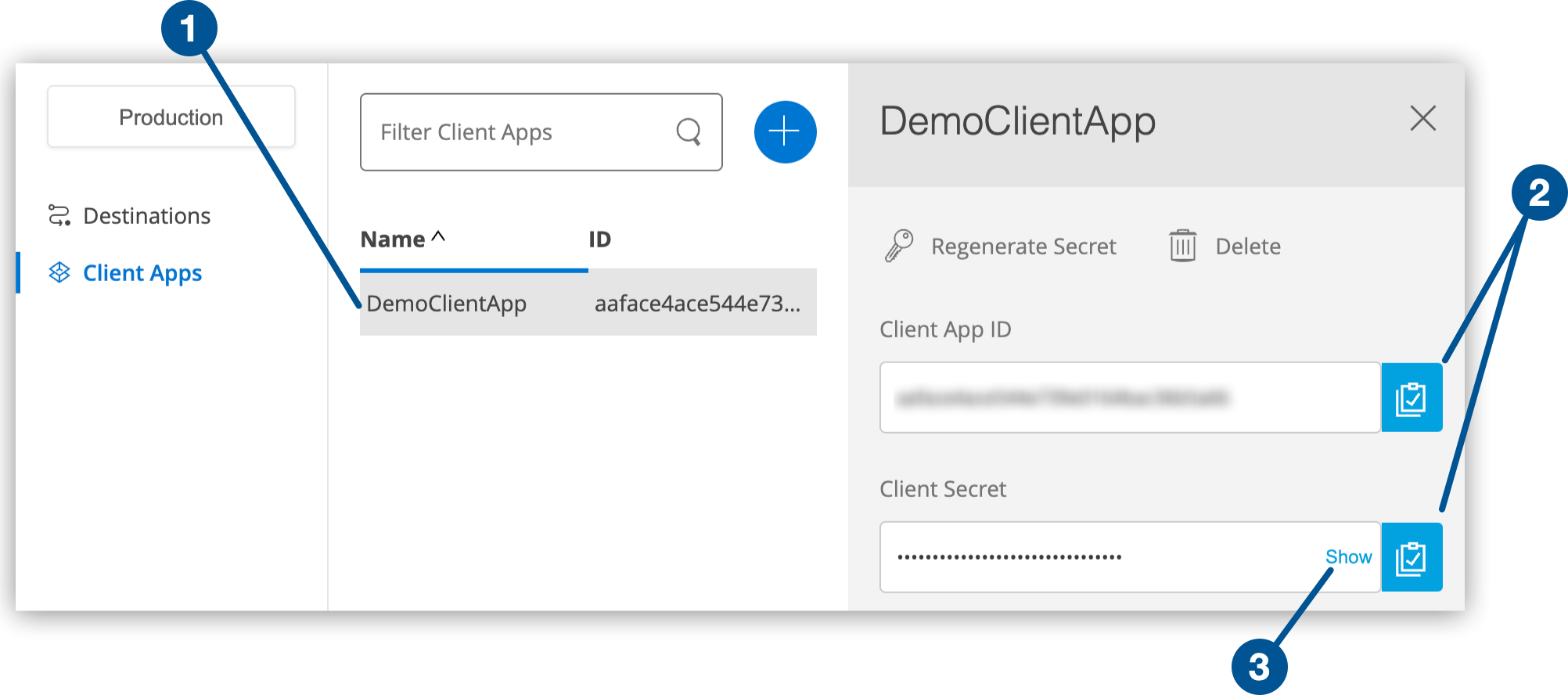Client app name, and the Copy and Show buttons for the selected client app