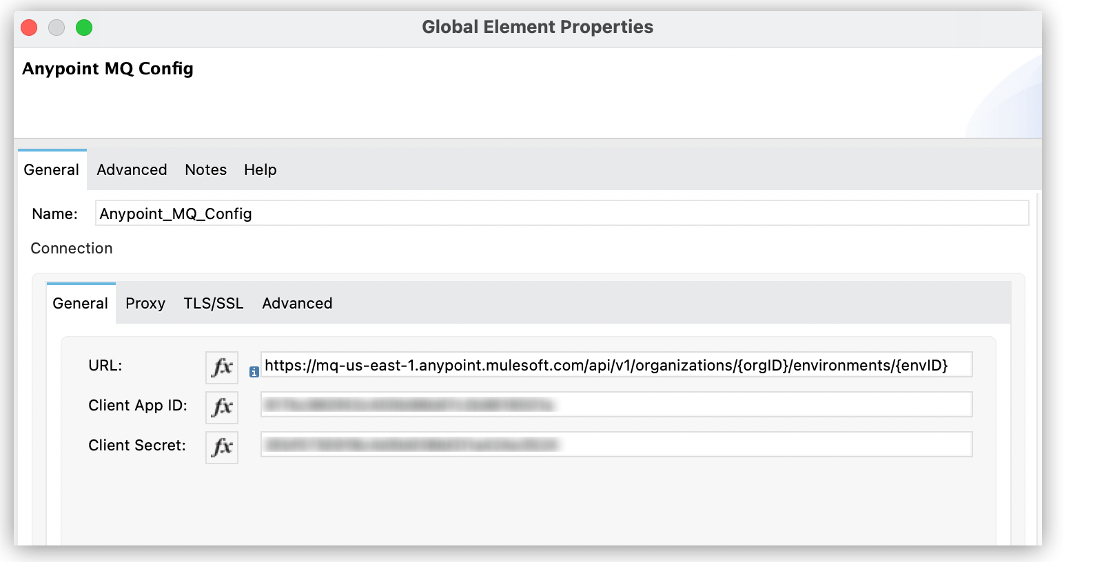 Anypoint MQ Config page displaying the URL, client app ID, and client secret