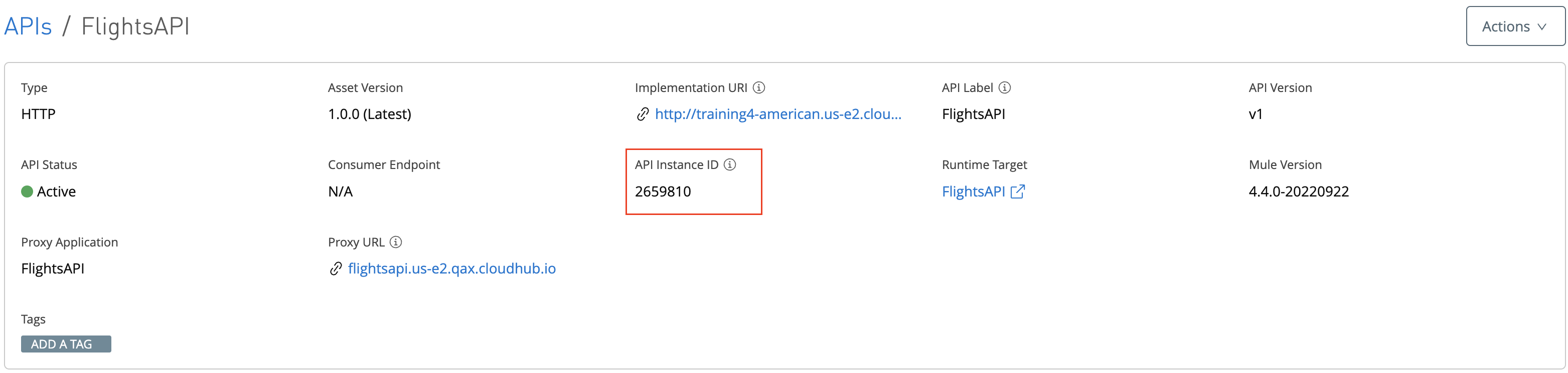 An HTTP API instance with API Instance ID highlighted