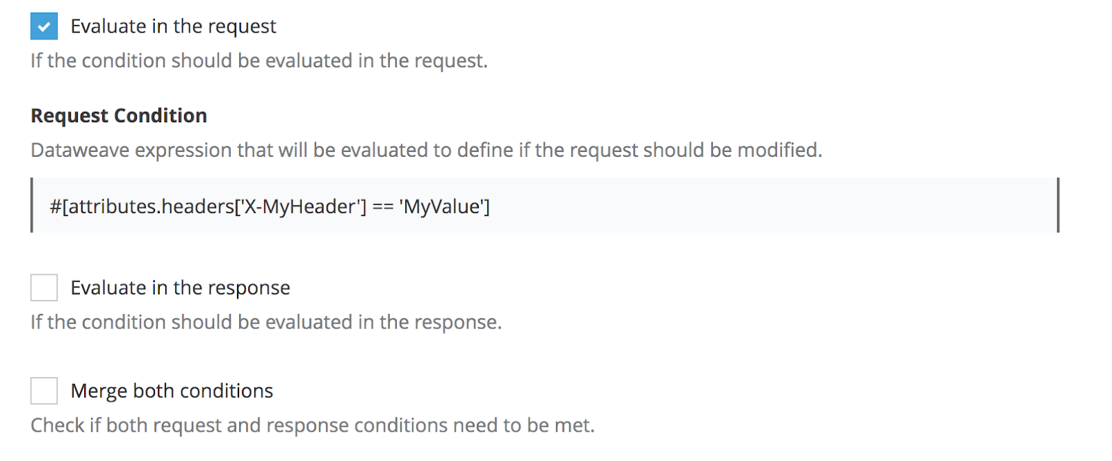 A form with checkboxes and a text field for a DataWeave expression