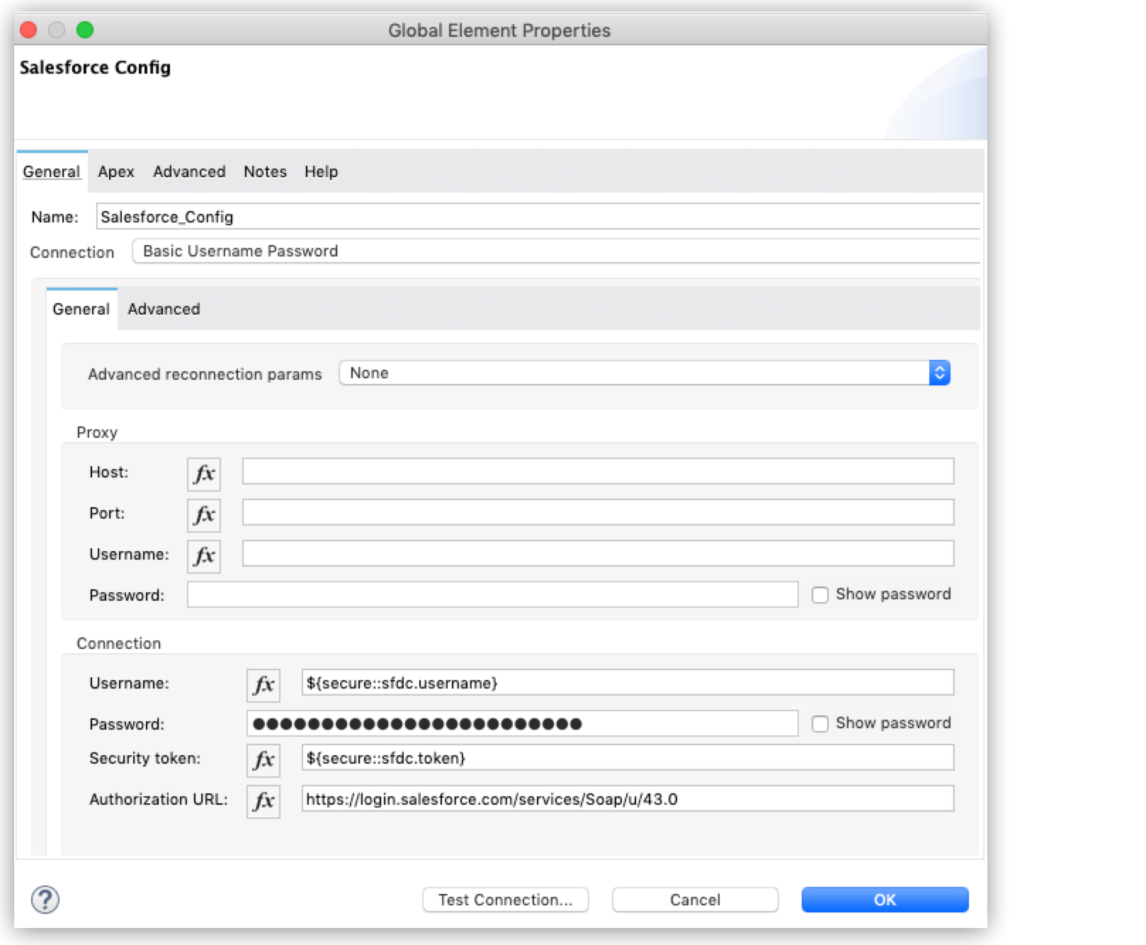 Configuration panel for a Salesforce connection