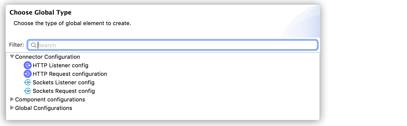 A menu for selecting global element types including HTTP and Sockets configurations