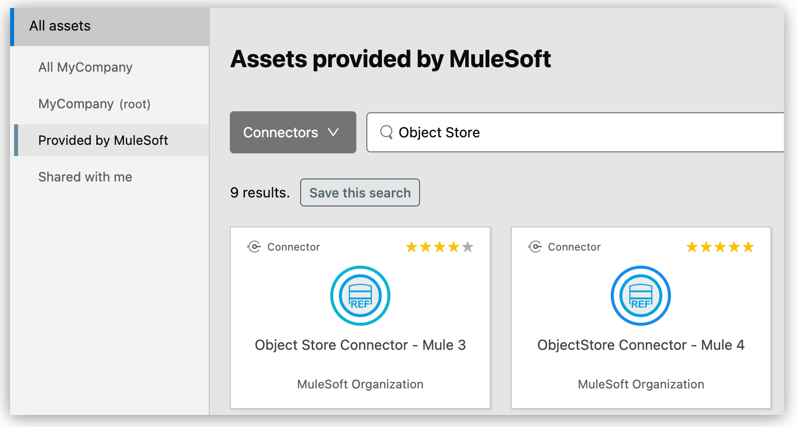 Exchange window showing the Provided by MuleSoft option and search field