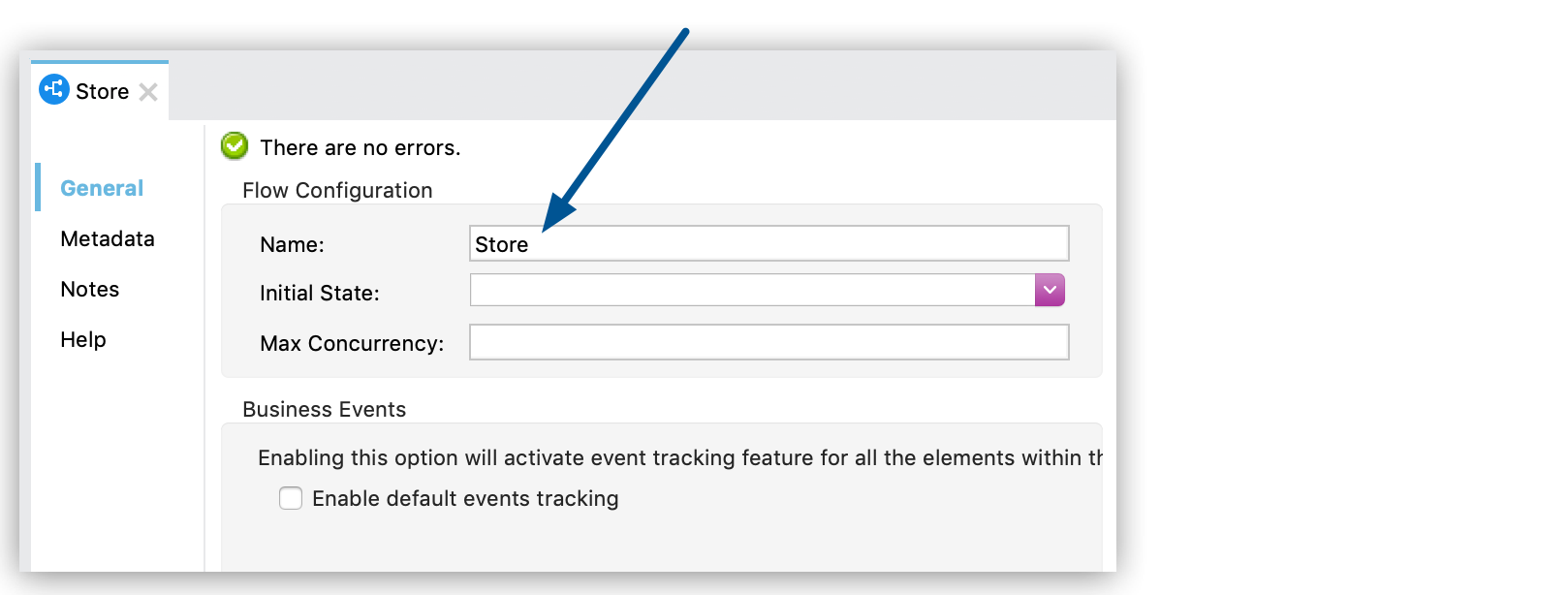 Flow Configuration properties window showing the Name field set to Store
