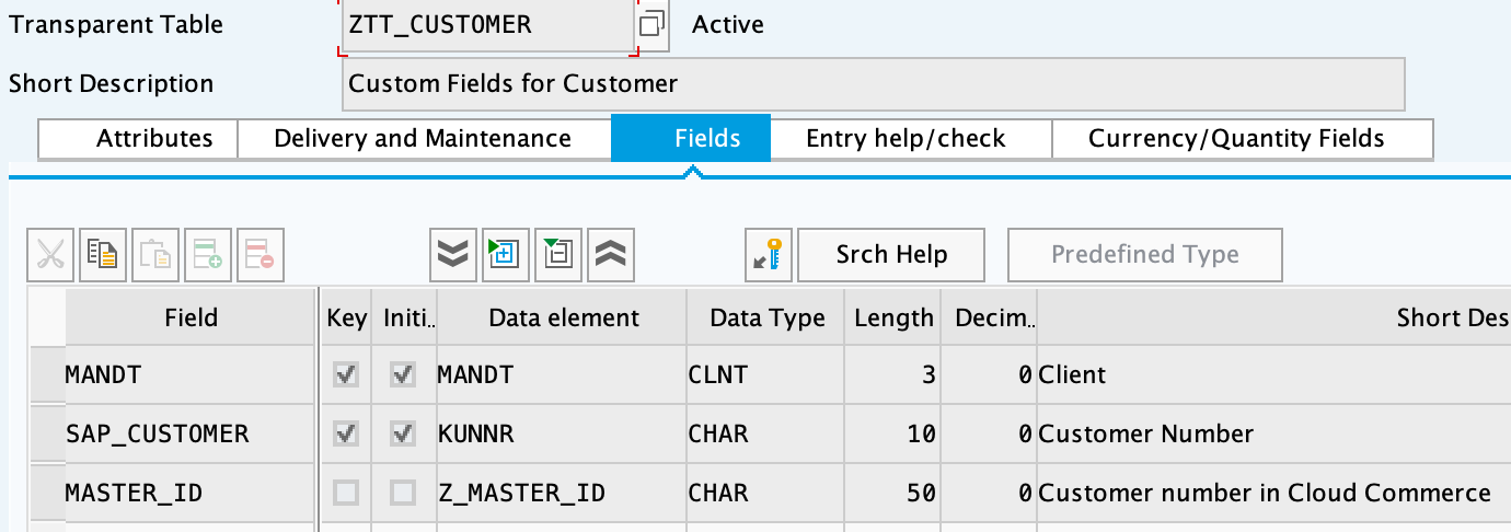 SAP transparent table definition for ZTT_CUSTOMER