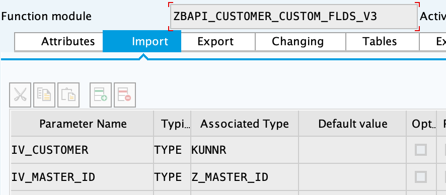 SAP import parameters for ZBAPI_CUSTOMER_CUSTOM_FLDS_V3