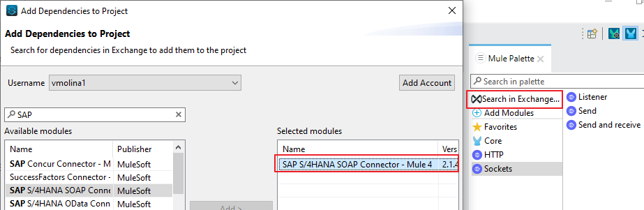 Anypoint Studio Mule Palette with SAP S/4HANA SOAP Connector